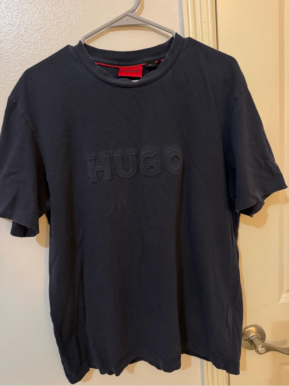 HUGO Navy Crewneck with Red Logo Tab
